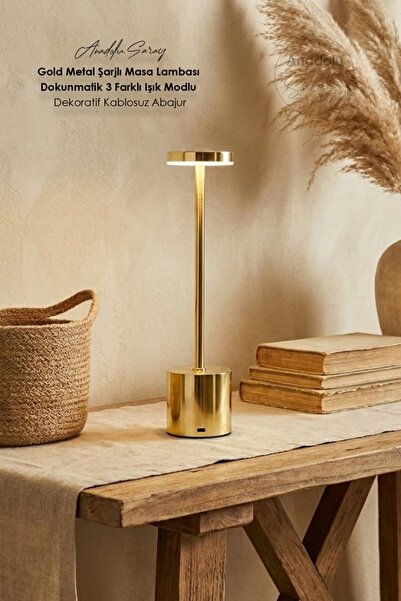 Anadolu Saray Gold Metal Şarjlı Masa Lambası - Dokunmatik 3 Farklı Işık Modlu...
