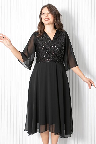 SUBU TASARIM Sequin Sequin Detailed Evening Dress Black Tbs910