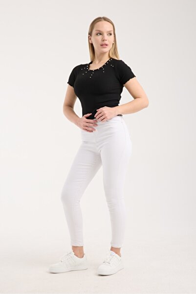 G-FOX Women's Pearl Detailed Stretchy Rib Knit Short Sleeve Round Neck T-Shirt Knitwear Blouse 6019