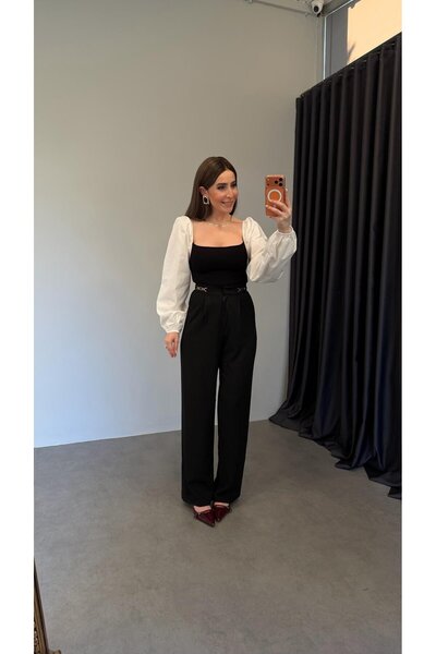 elif teke Zincir Detaylı Palazzo Pantolon Siyah