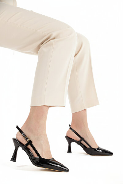 Catelyn Women's Black Patent Leather Stiletto Open Back Buckle Helmet Pointed...