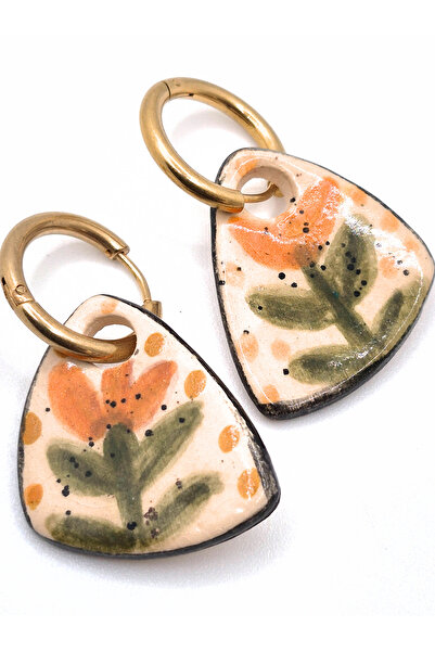 Pialuna Çiçek Desenli, El Yapımı, Çok Renkli, Tasarım, Seramik Küpe