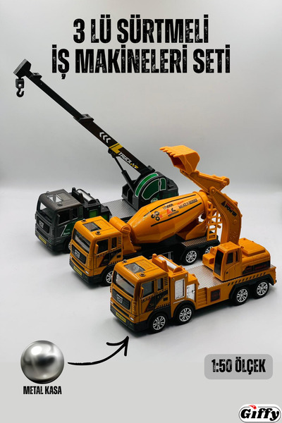 giffy Oyuncak 3 lü İş Makineleri Seti Beton Mikseri Vinç Ekskavatör Sürtmeli ...