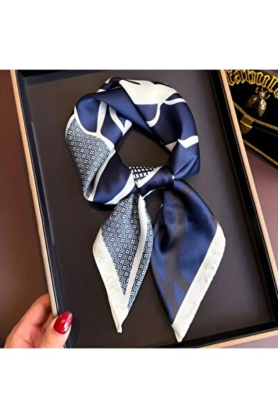 Accessories Hei Navy Blue Patterned Stylish Silk-Look Women's Accessory Scarf Foulard