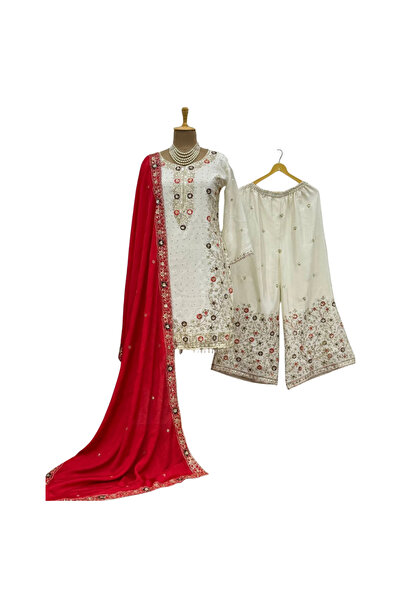 MYSMAR طقم شروال وشال من الحرير الصيني الأحمر - FFT2251 | أحمر