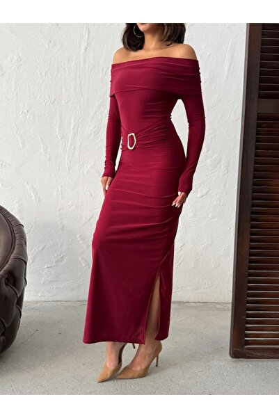 BE CHİC Women's Burgundy Off-Shoulder Madonna Necklace Accessory Detail Body Conforming Long Stylish Dress Rd2075