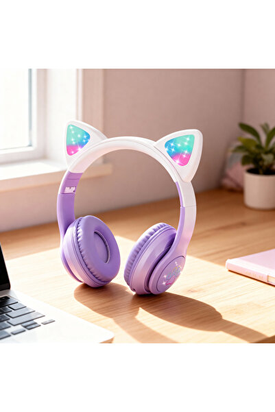 MO DOU Çocuklar İçin RGB Işıklı Kedi Kulaklı Bluetooth Kulaklık Yumuşak Table...