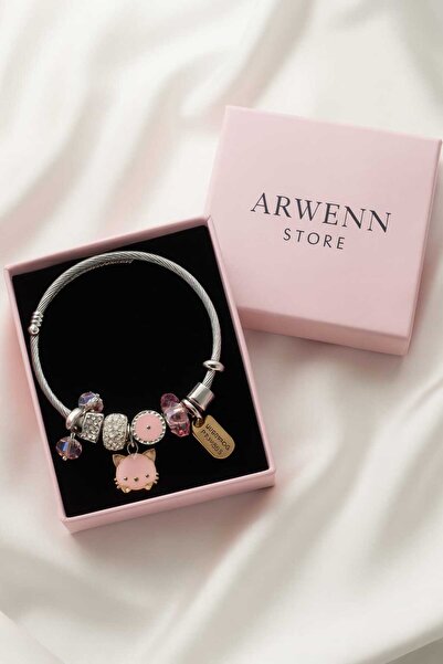 CLARİS Sevgiliye Arkadaşa Hediye Kedi Charmlı Gümüş Çelik Bileklik