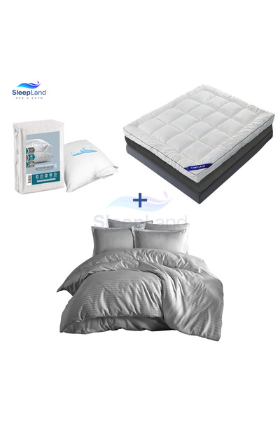 SLEEPLAND بكج لباد فندقي ارتفاع 14 سم مع طقم واقي مخدة مع مفرش فندقي لون رماد...