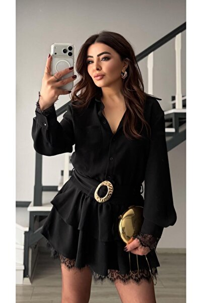 Oslove فستان أسود بتفاصيل دانتيل وحزام مكشكش