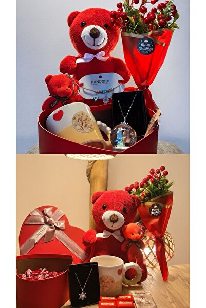 elovya YILBAŞI HEDİYE SETİ PELUŞ AYICIK KALPLİ KUTU KUPA KOLYE &ÇİKOLATA SEVGİLİYE ÖZEL