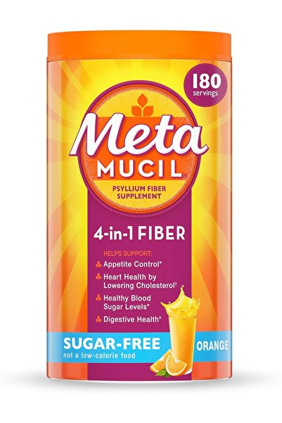 Metamucil مكمل غذائي 4 في 1 من ألياف قشور السيليوم، خالي من السكر، بنكهة البرتقال، 180 ملعقة صغيرة