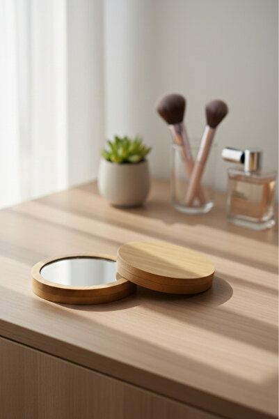 shop Minimalist Doğal Ahşap El Aynası - 7 cm Sade Mini Cep Aynası