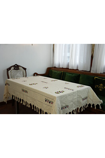 Komana Art El Boyama Çiçek Desenli %100 Pamuk Masa Örtüsü – Tokat Taş Baskı M...