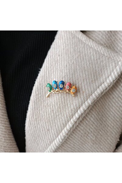 LENTE AKSESUAR Sevimli Kuş Ailesi Broş-Kristal Taşlı Rengarenk Daldaki Kuşlar Yaka İğnesi