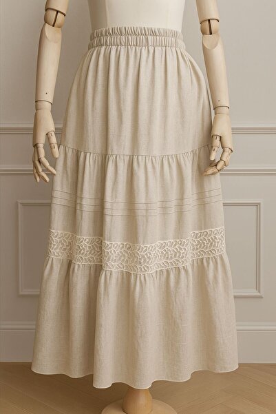 Naromi Doğal Keten Dantel Detaylı Kat Etek