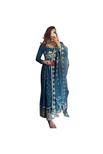 MYSMAR Blue Faux Georgette Salwar Kameez & Dupatta Set - HRT3826 | Blue