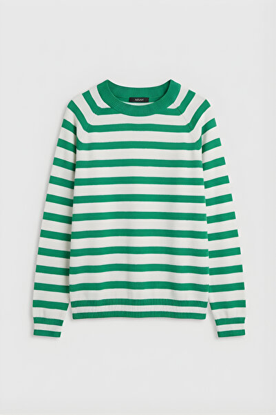 Qaju Colorful Striped Crew Neck Slim Sweater - Green