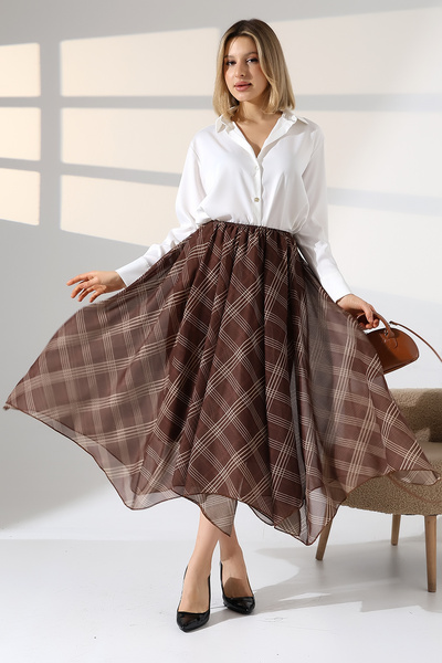 lubiti Ασύμμετρη φούστα σιφόν με καρό σχέδιο – Ελαφρύ ύφασμα και μοντέρνο σχέδιο