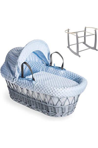 Mini Baby Clair de Lune Dimple Grey Wicker Moses Basket with Rocking Stand (Blue)