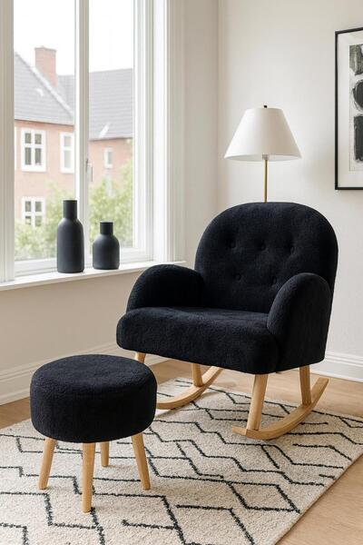 KOKİ DESİGN Sallanan Ahşap Ayaklı Wellsoft Siyah Berjer - PUF HEDİYELİ