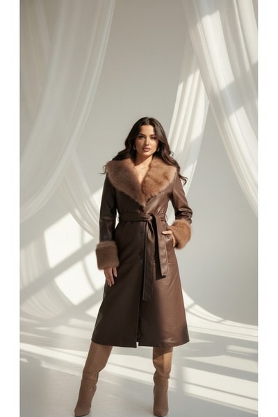 Zafirae Premium Kürk Detaylı Cepli İthal Deri Kaban