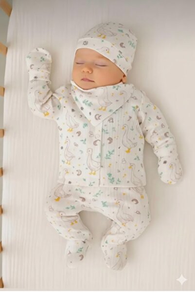 İpek Yenidoğan Ördek Desenli %100 Pamuk Hastane Çıkış Seti