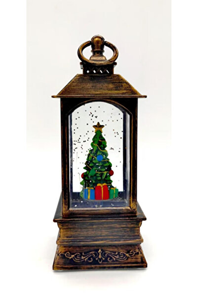 OEM Christmas Lantern Figurine with Tree, Musical, Moving Snow, Battery-Powered, Vintage Black & Gold