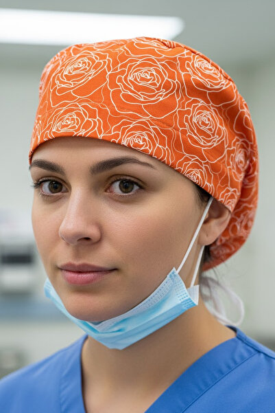 Lion Üniforma Rose Orange Desenli Cerrahi Bone Unisex – Likralı Doktor Hemşir...