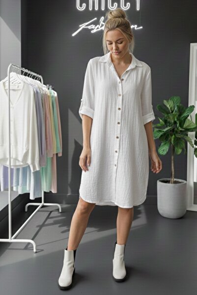Chiccy White Shirt Collar Buttoned Long Sleeve Buttoned Casual Muslin Woven Shirt Dress 105 75