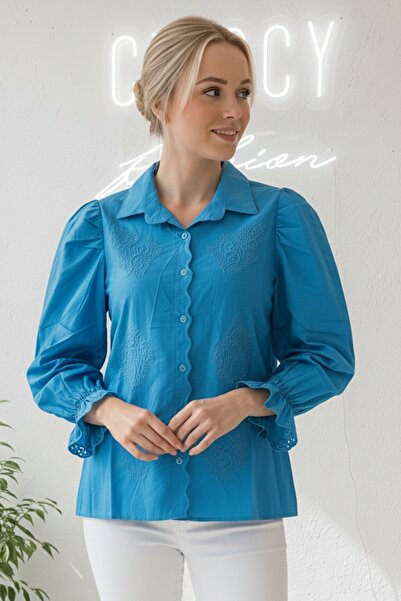 Chiccy Blue Shirt Collar Ruffled Sleeve Buttoned Allover Embroidered Casual Woven Shirt 65 55