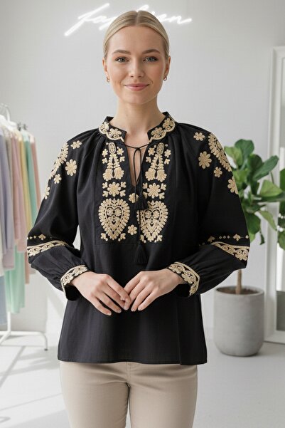 Chiccy Black Judge Collar Balloon Sleeve Tie-Up Collar and Sleeve Embroidered Casual Woven Blouse 65 55