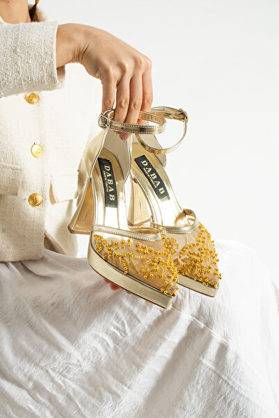 dabab shoes Pearly Gold Women's Platform 11cm Heels Pearls Ankle Strap Evenin...
