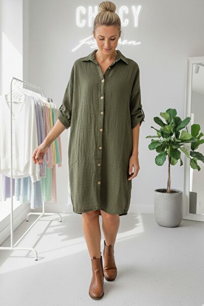 Chiccy Khaki Shirt Collar Buttoned Long Sleeve Buttoned Casual Muslin Woven Shirt Dress 105 75