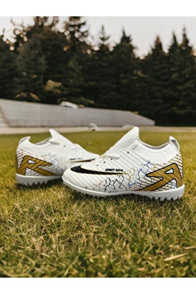 sinmm Krampon halı saha erkek çocuk düz futbol ayakkabısı beyaz-gold renk