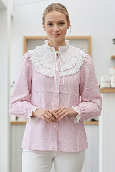 Chiccy Pink Ruffled Collar Ruffled Sleeve Striped Buttoned Scalloped Casual Woven Shirt 65 55