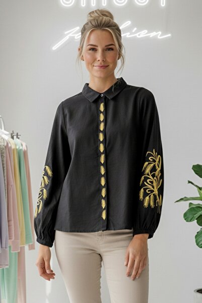 Chiccy Black Shirt Balloon Sleeve Buttoned Collar and Sleeves Embroidered Casual Woven Blouse 65 55