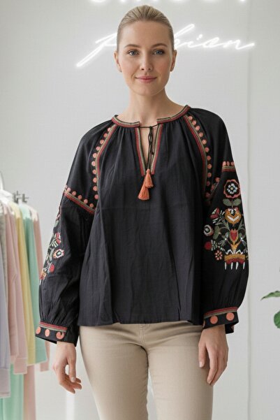 Chiccy Black Biritli Collar Cuffed Sleeves Tie-Up Collar and Sleeve Embroidered Casual Woven Blouse 65 55