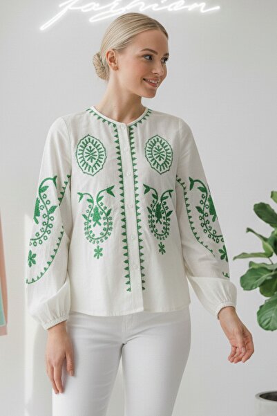Chiccy White V-Neck Balloon Sleeve Buttoned Collar and Sleeve Embroidered Casual Woven Blouse 65 55