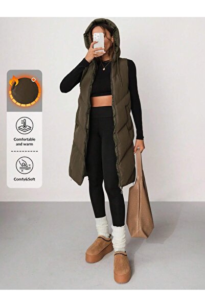 peralist Women's Khaki Long Puffer Vest Hooded Side Zipper Detail Winter