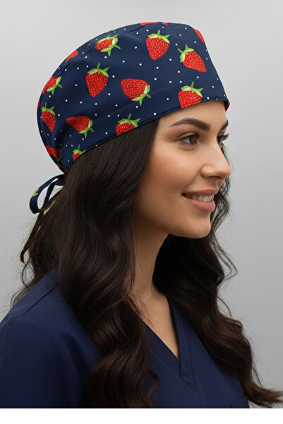 Lion Üniforma Çilek Desenli Cerrahi Bone Unisex – Likralı Doktor Hemşire Bonesi