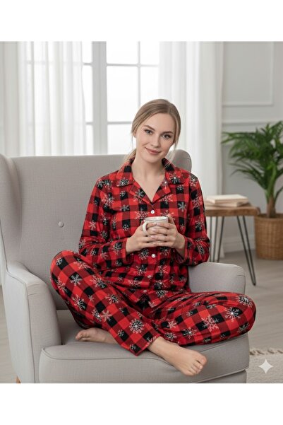 alpotekno Buttoned Christmas-Themed Women's Suede Plaid Red Pajama Set – Soft...
