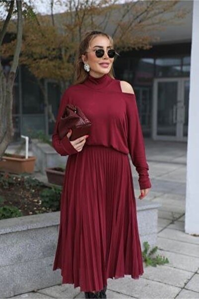 UP TREND COLLECTION Women's Knitwear Pleated and Tulle Detail Two Piece Dress