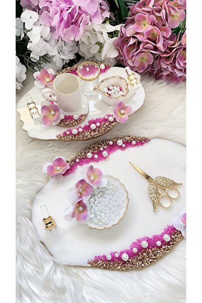 RESİNARTSHOP Epoksi Tepsi Pembe Orkideli Nişan Seti