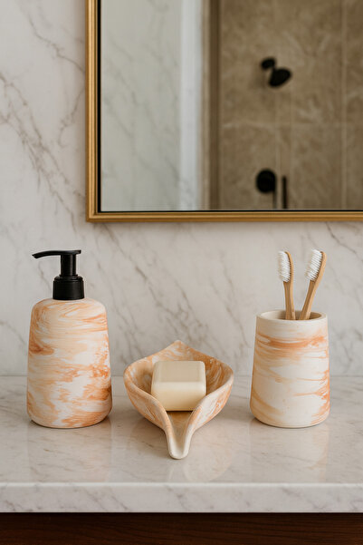 Zigzag Home Decorative Marble Pattern 3 Piece Oval Model Bathroom Set Liquid Soap Dispenser Solid Soap Dish Toothbrush Holder Set