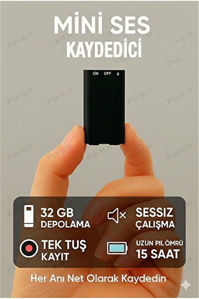 PASACO Ultra Mini Ses Kaydedici 32 GB | 15 Saat Pil | Tek Tuş Sessiz HD Kayıt Ses Diktafon Mp3 Çalar