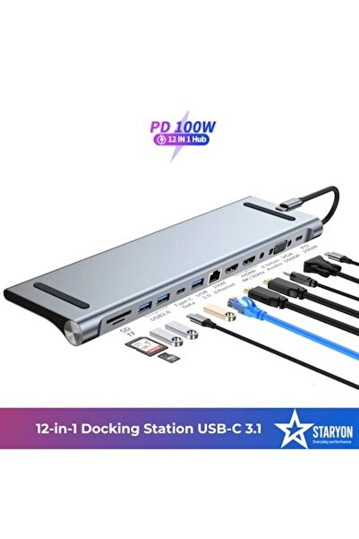 Staryon USB-C 3.1 Multiport 12-in-1 Hub — 2x HDMI 4K, VGA, RJ45, USB-A, USB-C PD 100W