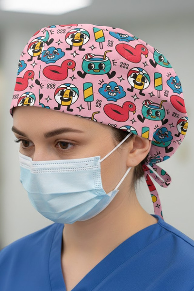 Lion Üniforma Şirin Kokteyl Desenli Cerrahi Bone Unisex – Likralı Doktor Hemş...