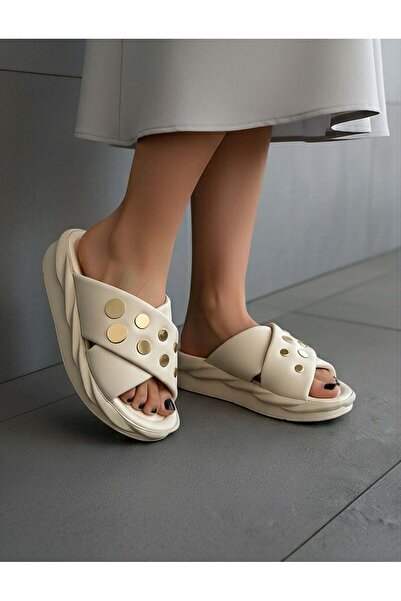Modanizm Heron Cream Wedge Heeled Slippers