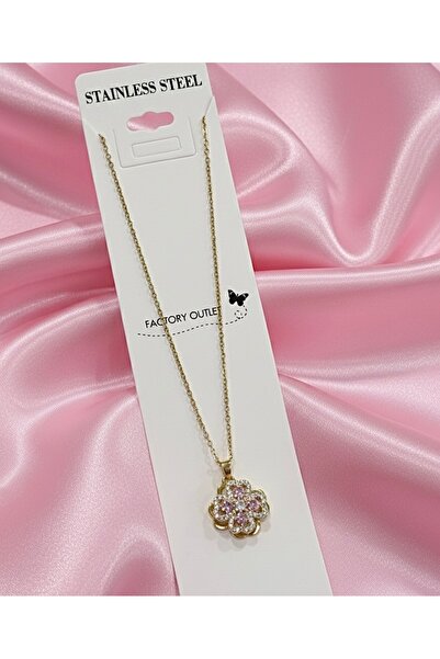 EFSU BİJUTERİ 316L Paslanmaz Çelik Pembe Taşlı Dönen Yonca Çark Kolye(Stres Kolyesi)